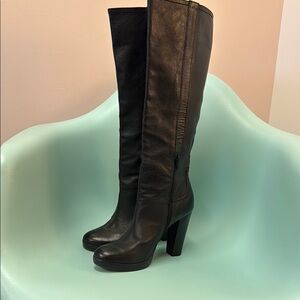 Black Heeled Knee-High Boots with Platform Sole